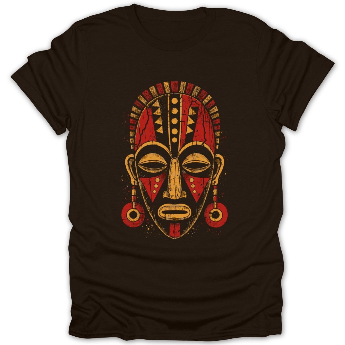 Brown t-shirt with a red and yellow distressed tribal mask graphic.