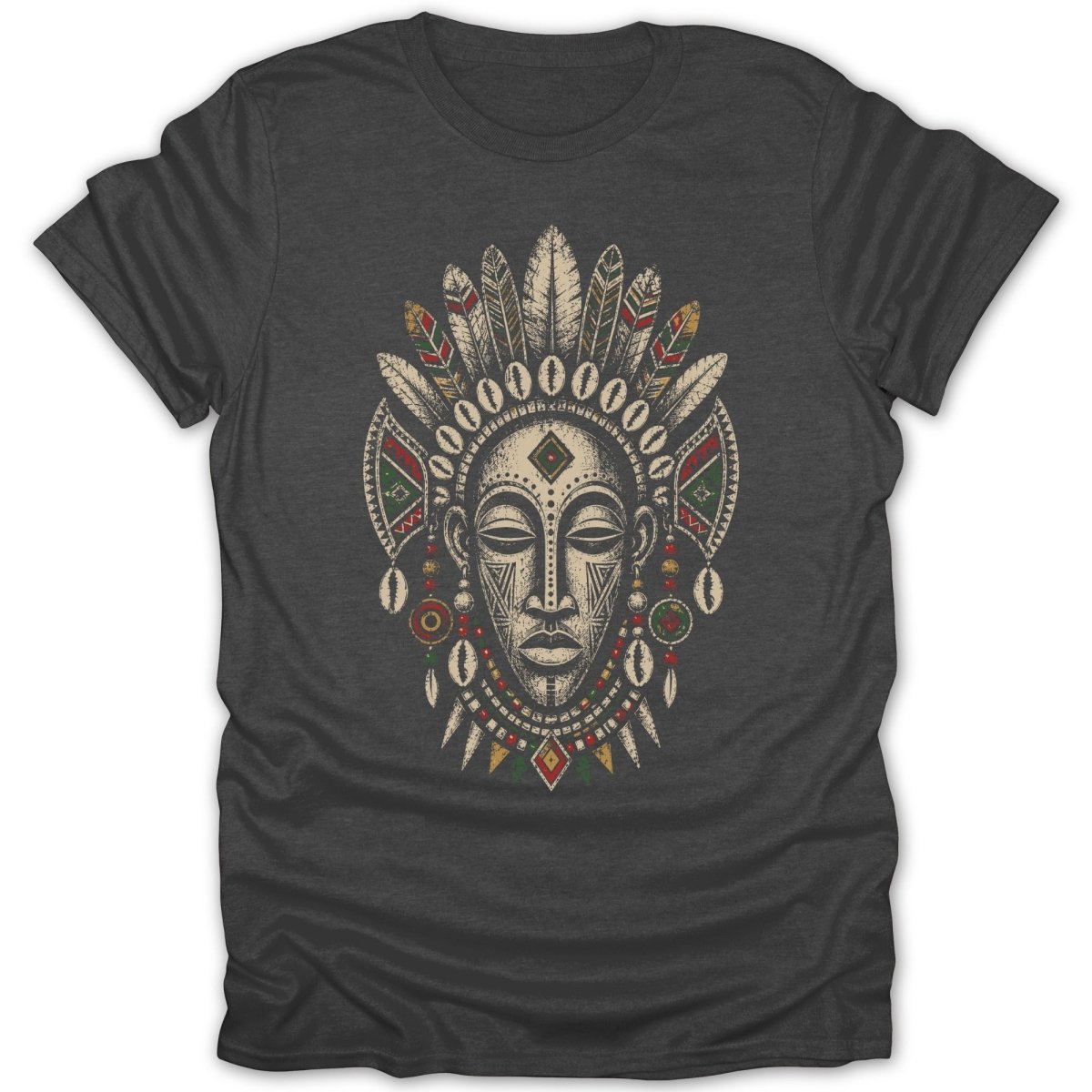 Tribal mask with feathers and bead necklace on a dark t-shirt.