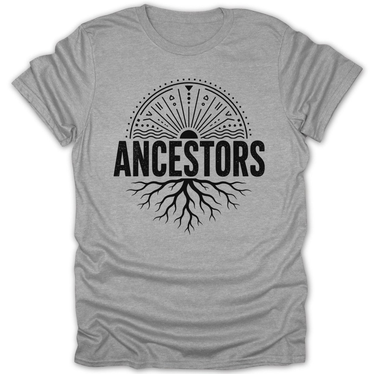 Gray t-shirt with "ANCESTORS" text and sun and roots graphic.