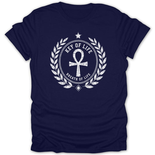 Navy t-shirt with white ankh design and text "Key of Life, Breath of Life".