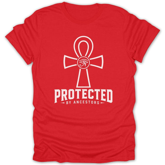 Red t-shirt with white Ankh symbol and "Protected By Ancestors" text.