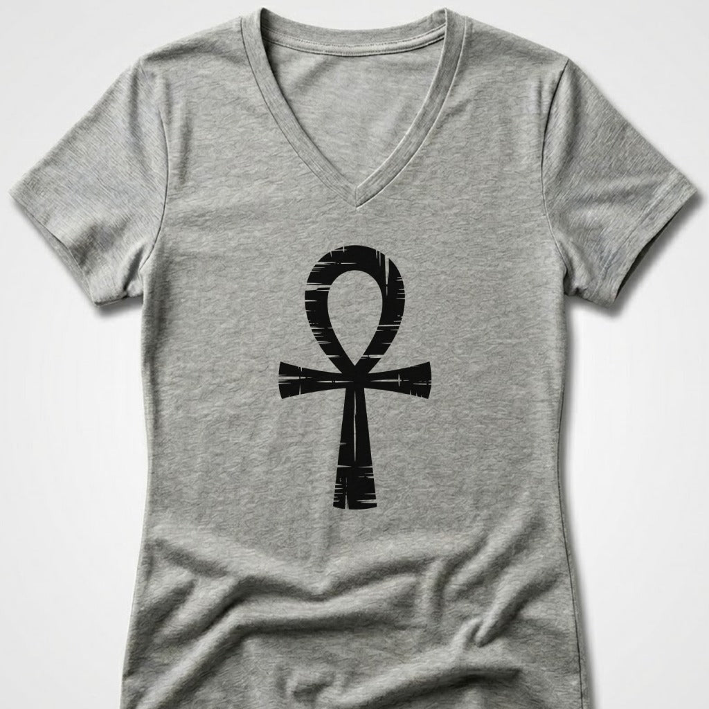 Grey v-neck t-shirt with black Ankh symbol graphic.