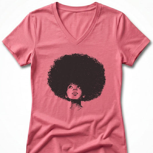 Pink V-neck t-shirt with a graphic of a woman's head with a large afro.
