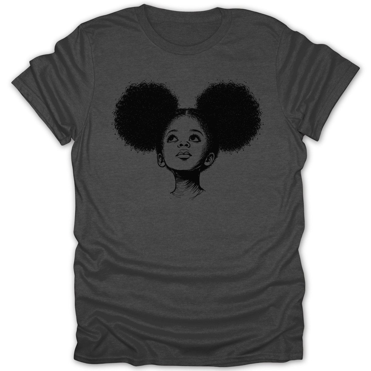Line art sketch of a young Black girl with large afro puffs looking up.