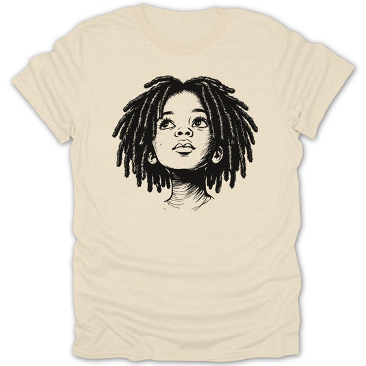Sketch of a child with dreadlocks looking upwards on a cream t-shirt.
