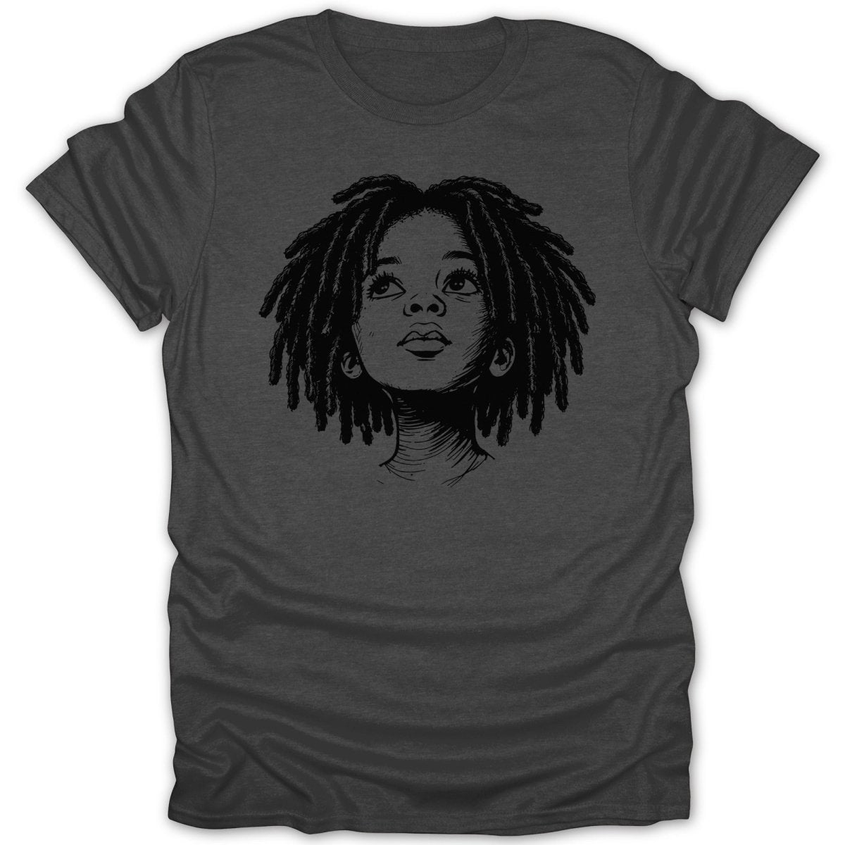 Line drawing of a Black person's head with dreadlocks looking up.