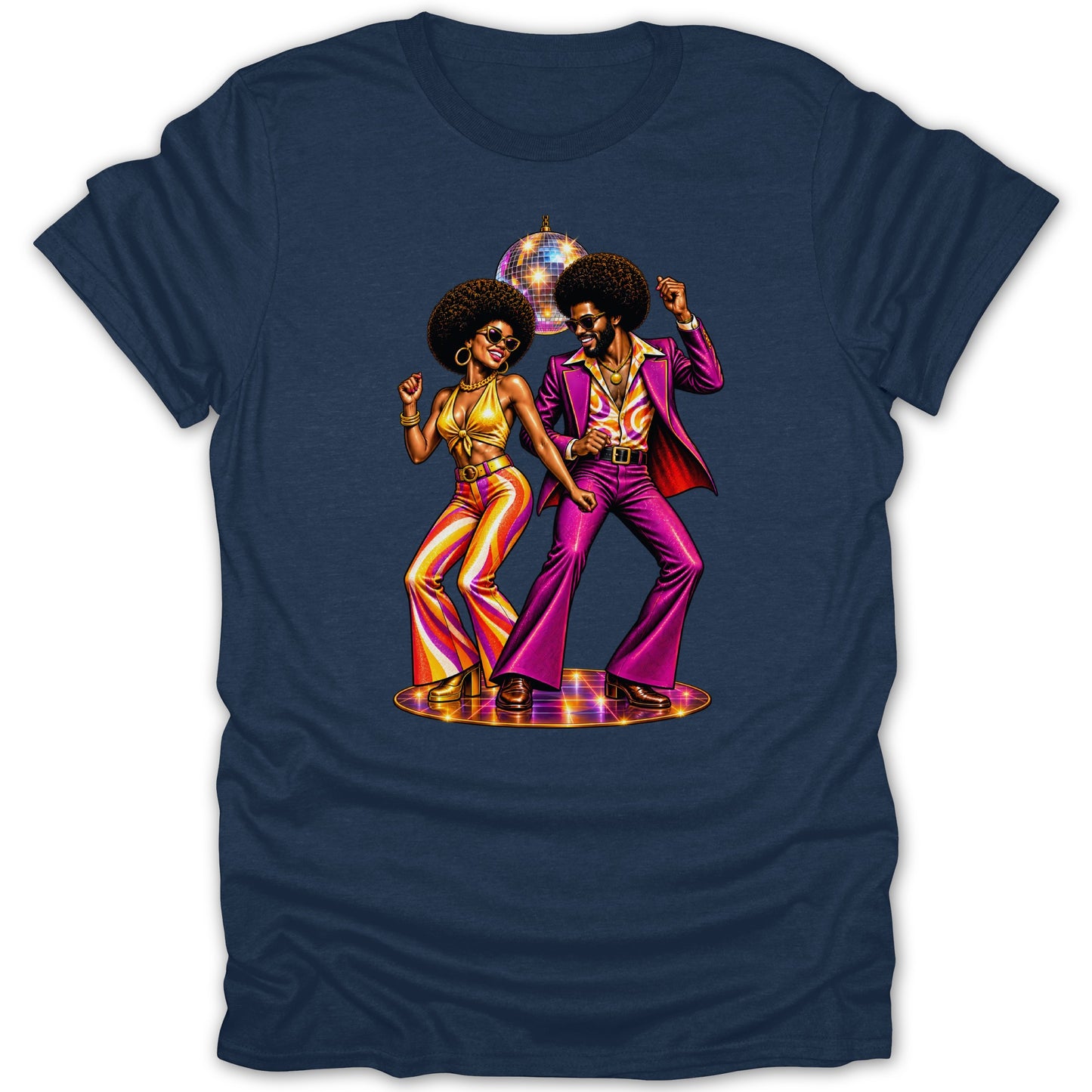 Couple dancing under a disco ball in retro 70s fashion on a navy blue t-shirt.