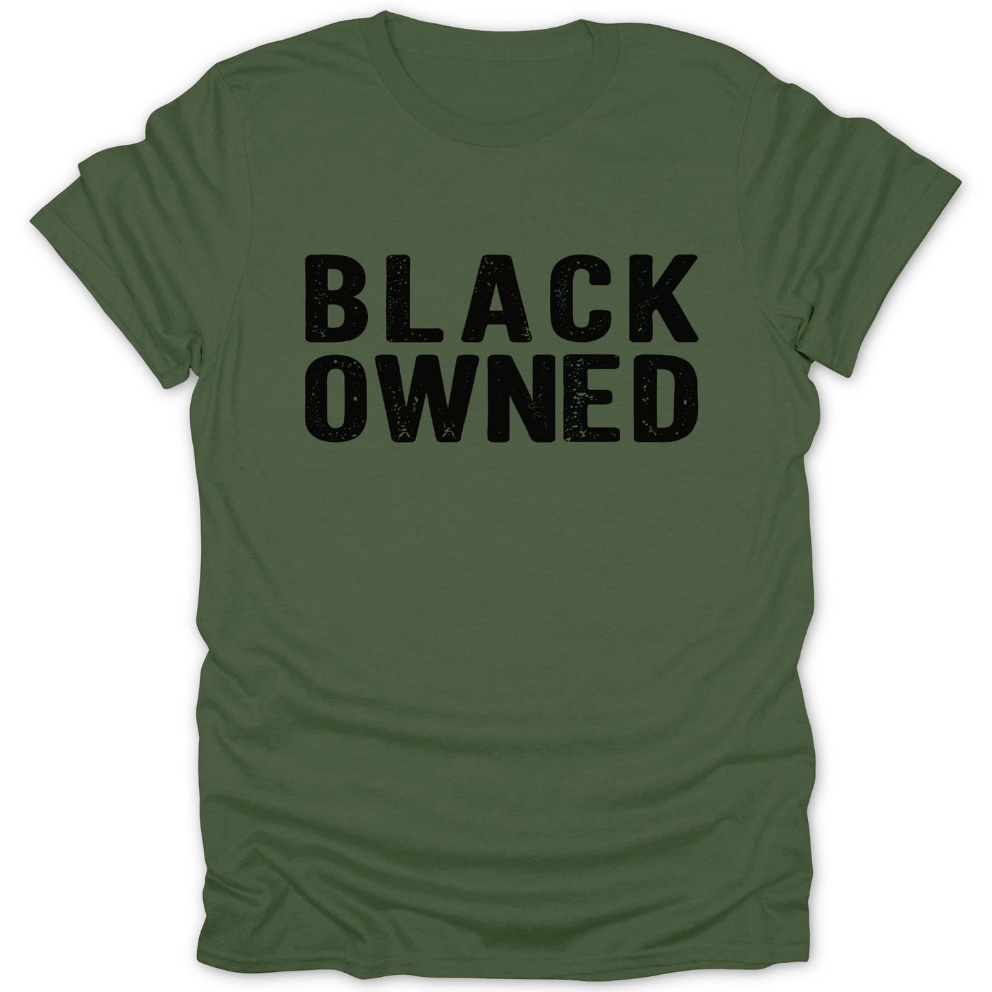 Green t-shirt with distressed black text reading "BLACK OWNED".