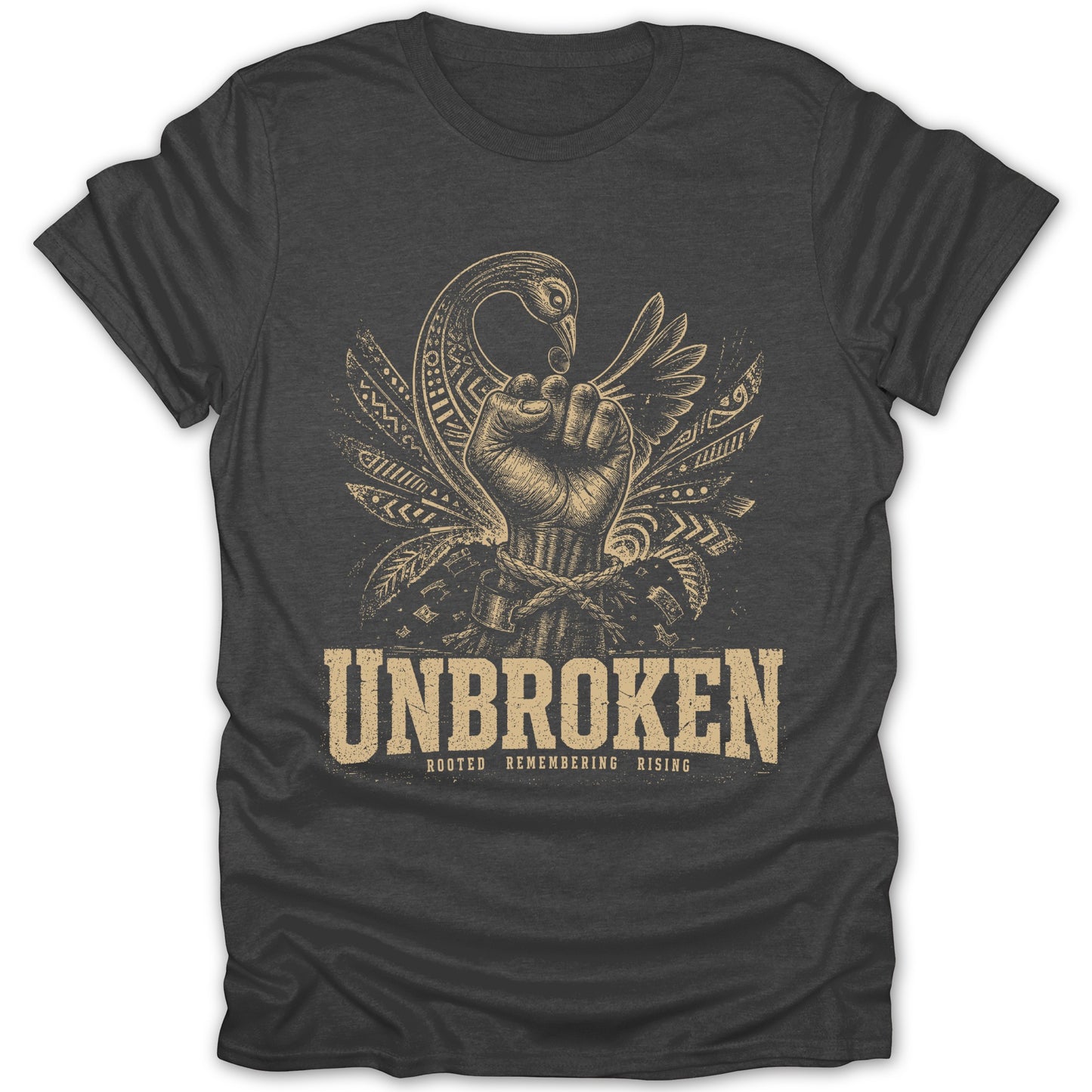 T-shirt graphic of a fist breaking chains with bird wings and "UNBROKEN" text.