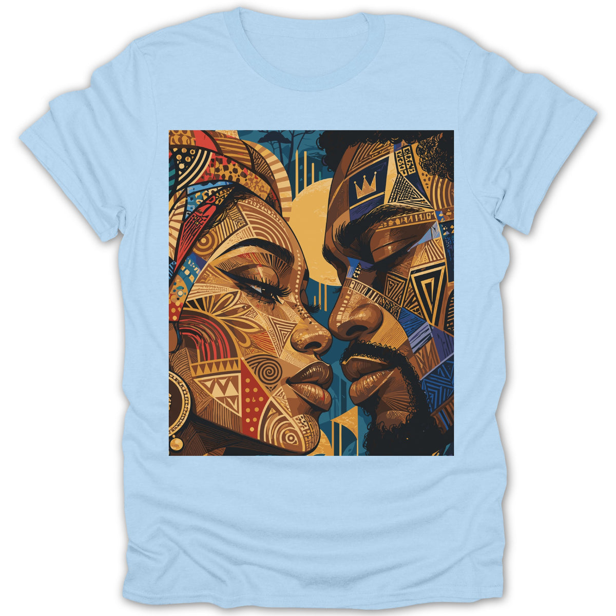 Close-up of couple with faces adorned in colorful geometric patterns.