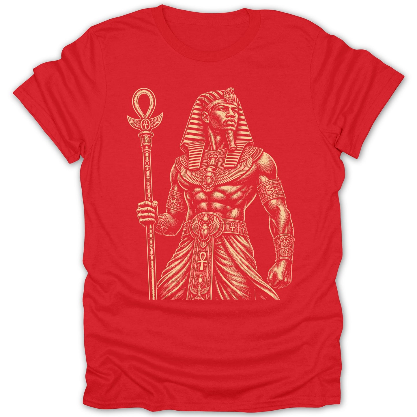 Red t-shirt with a graphic of an Egyptian pharaoh holding a staff and scepter.