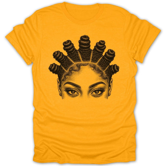 T-shirt with a black ink drawing of a woman's eyes and detailed natural hair.