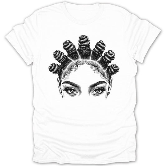Black and white illustration of a woman's eyes and Bantu knots on a white t-shirt.