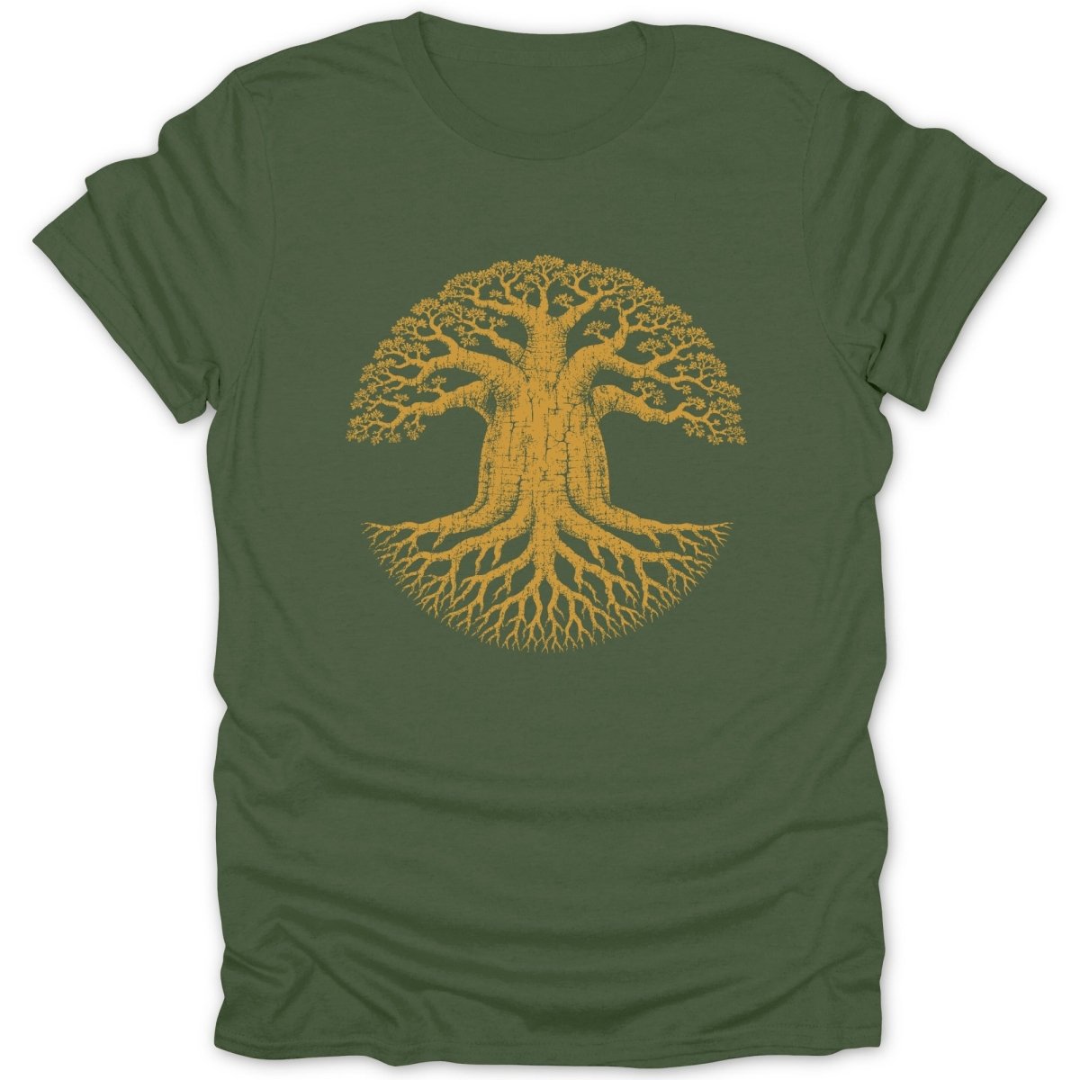 Green t-shirt with a yellow tree of life and roots illustration.