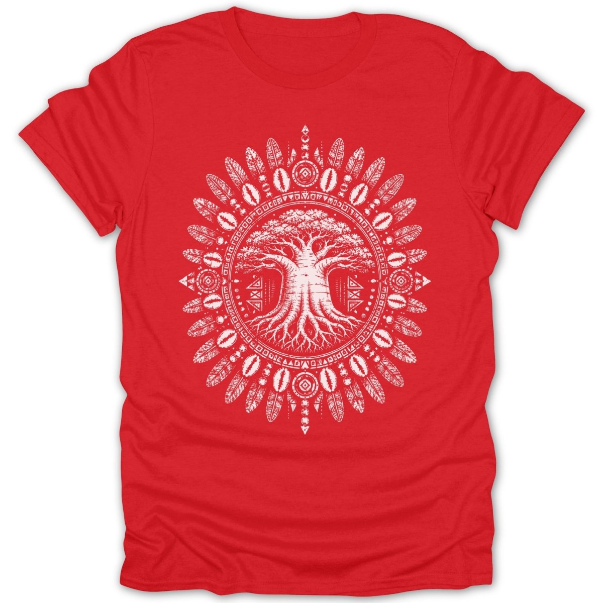 Red t-shirt with a white circular motif of a baobab tree and tribal patterns.