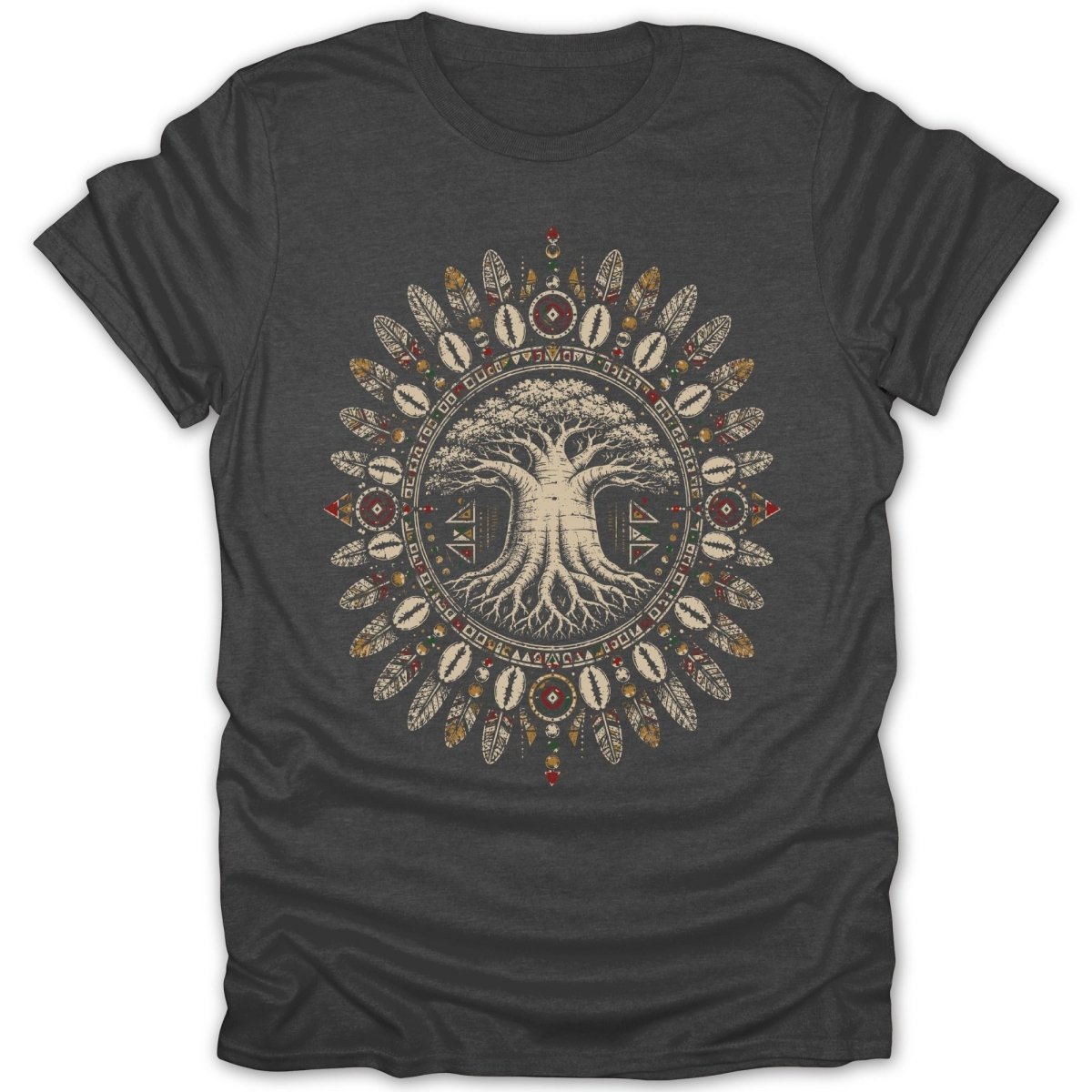 Tree of life design with tribal patterns and feathers on a dark t-shirt.