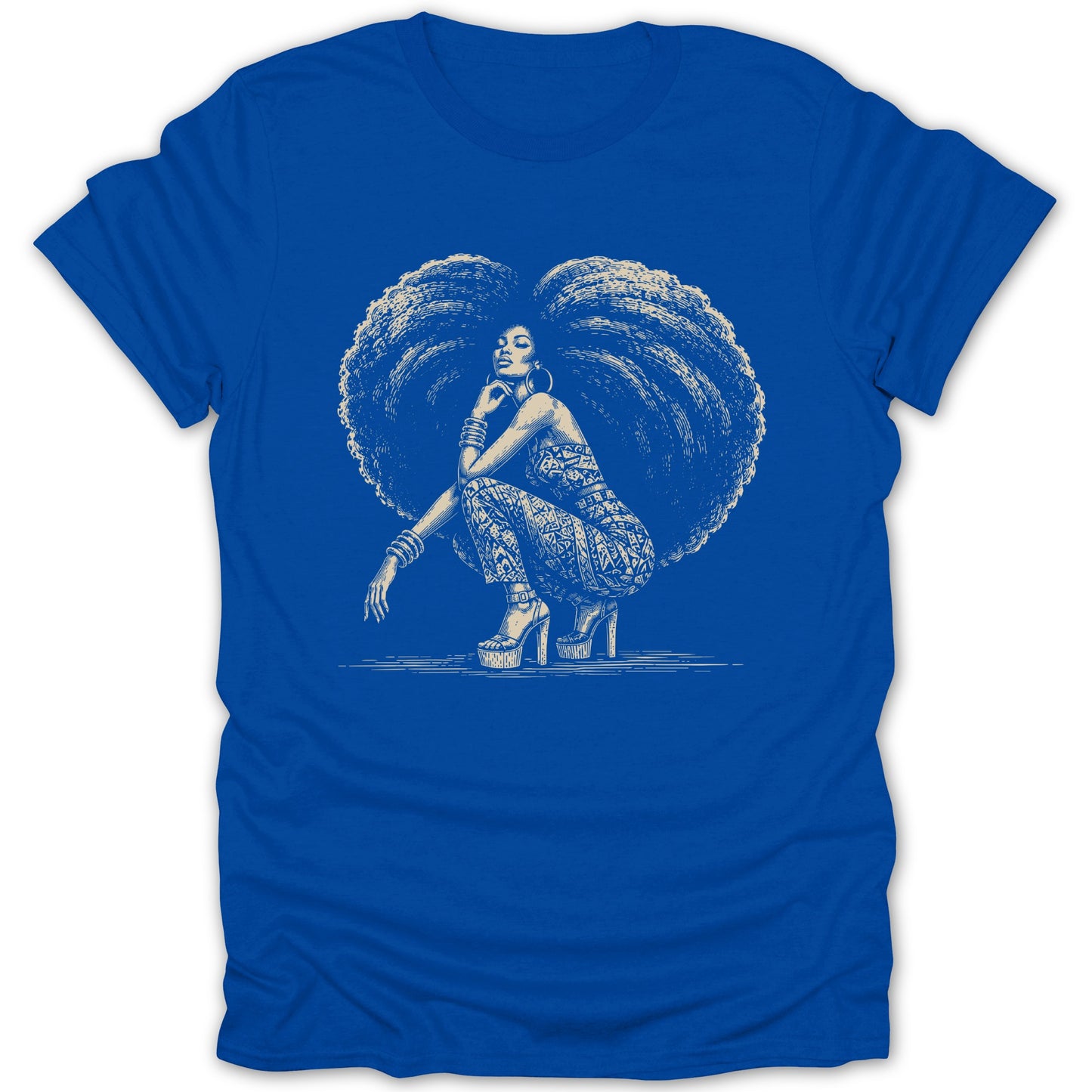 Blue t-shirt with illustration of a woman with a large afro, squatting.
