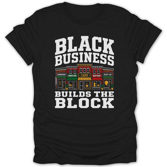 Black Business Builds The Block text with storefronts: Barbershop, Bookstore, Cafe, Boutique, Beauty Lab.