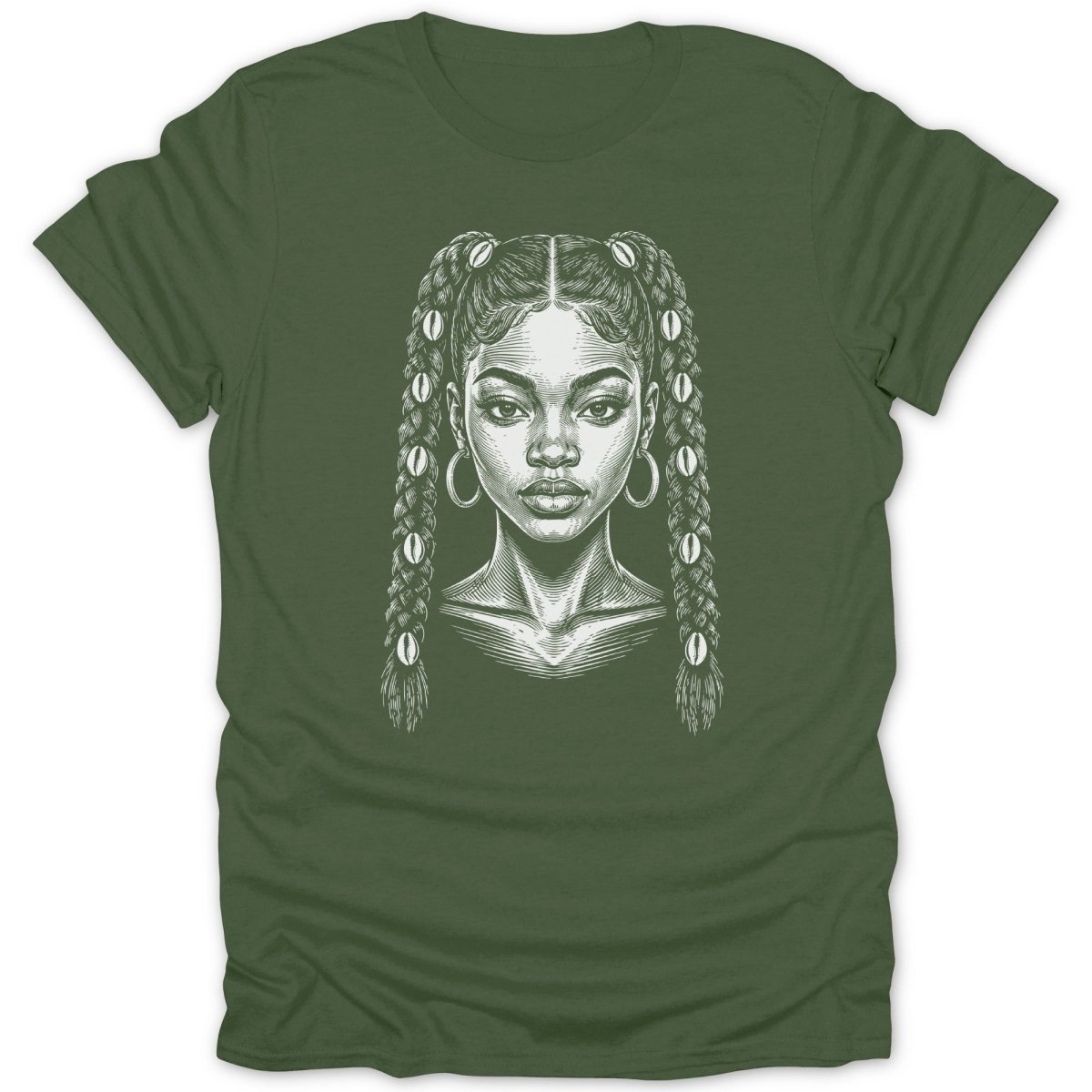 Line drawing of a woman with braids adorned with shells on a green t-shirt.