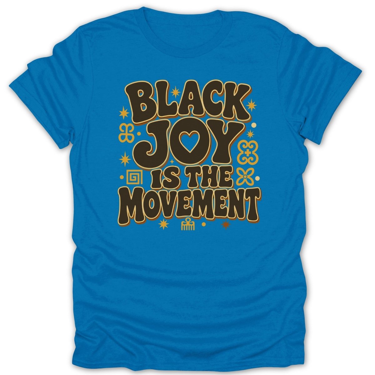 Blue t-shirt with "BLACK JOY IS THE MOVEMENT" text and symbols.