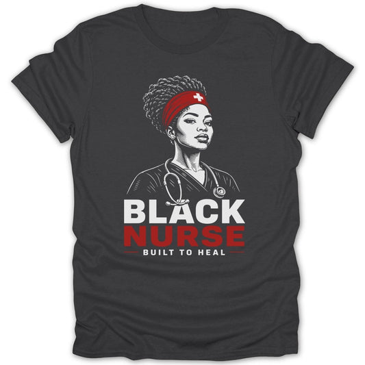 Black nurse illustration with stethoscope, red bandana, and text "Built to Heal".