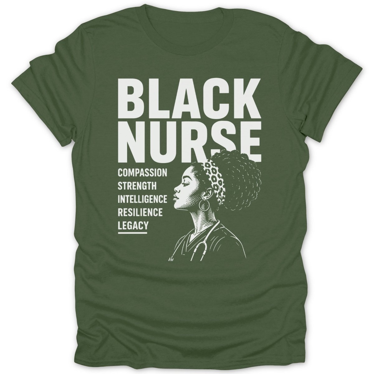 Green t-shirt with white text reading "BLACK NURSE" and a nurse portrait.