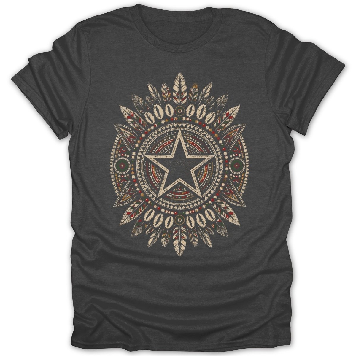 Dark t-shirt with a circular Native American-inspired feather and geometric star design.