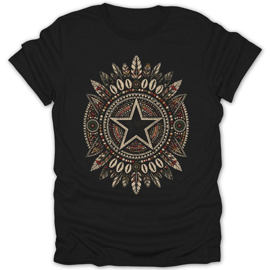 Black t-shirt with a circular Native American-inspired star and feather design.