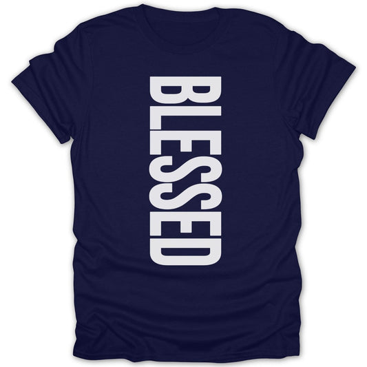 Navy blue t-shirt with "BLESSED" in white vertical text.