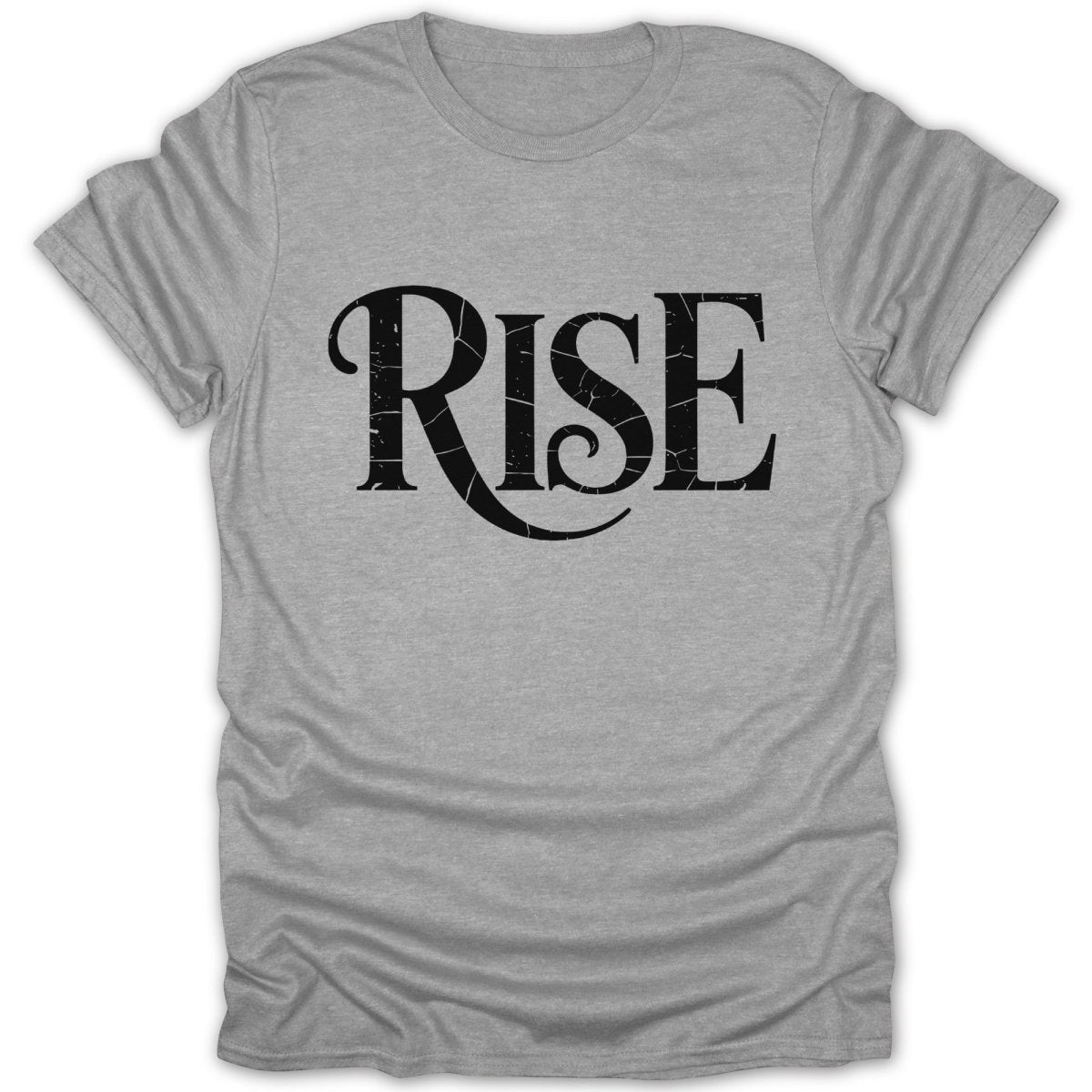 Grey t-shirt with black distressed "RISE" text and ornate flourish.