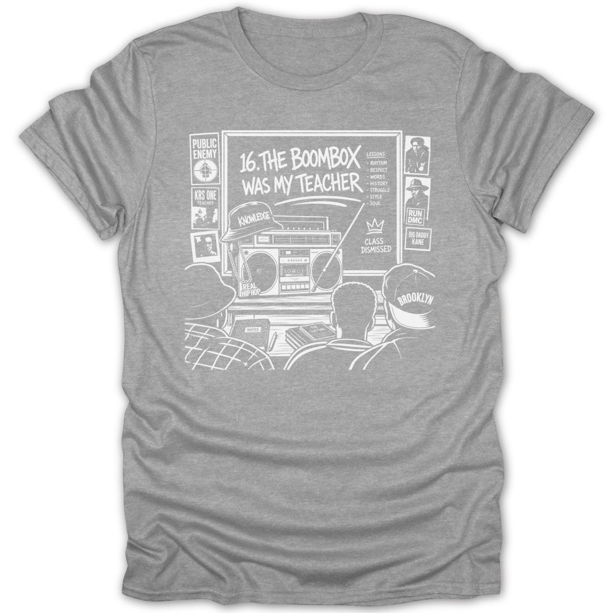 Grey t-shirt with hip hop graphic of boombox, KRS One, Public Enemy, Run DMC, and lessons.