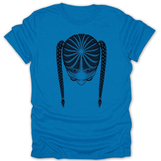 T-shirt with black line drawing of woman's braided hair.
