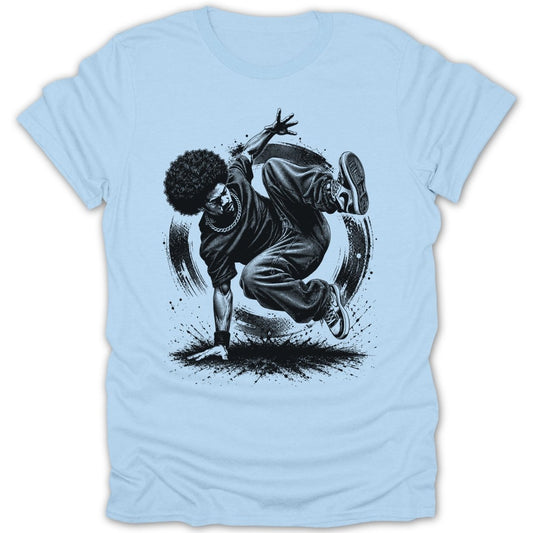 Light blue t-shirt with black graphic of a breakdancer with an afro mid-pose.