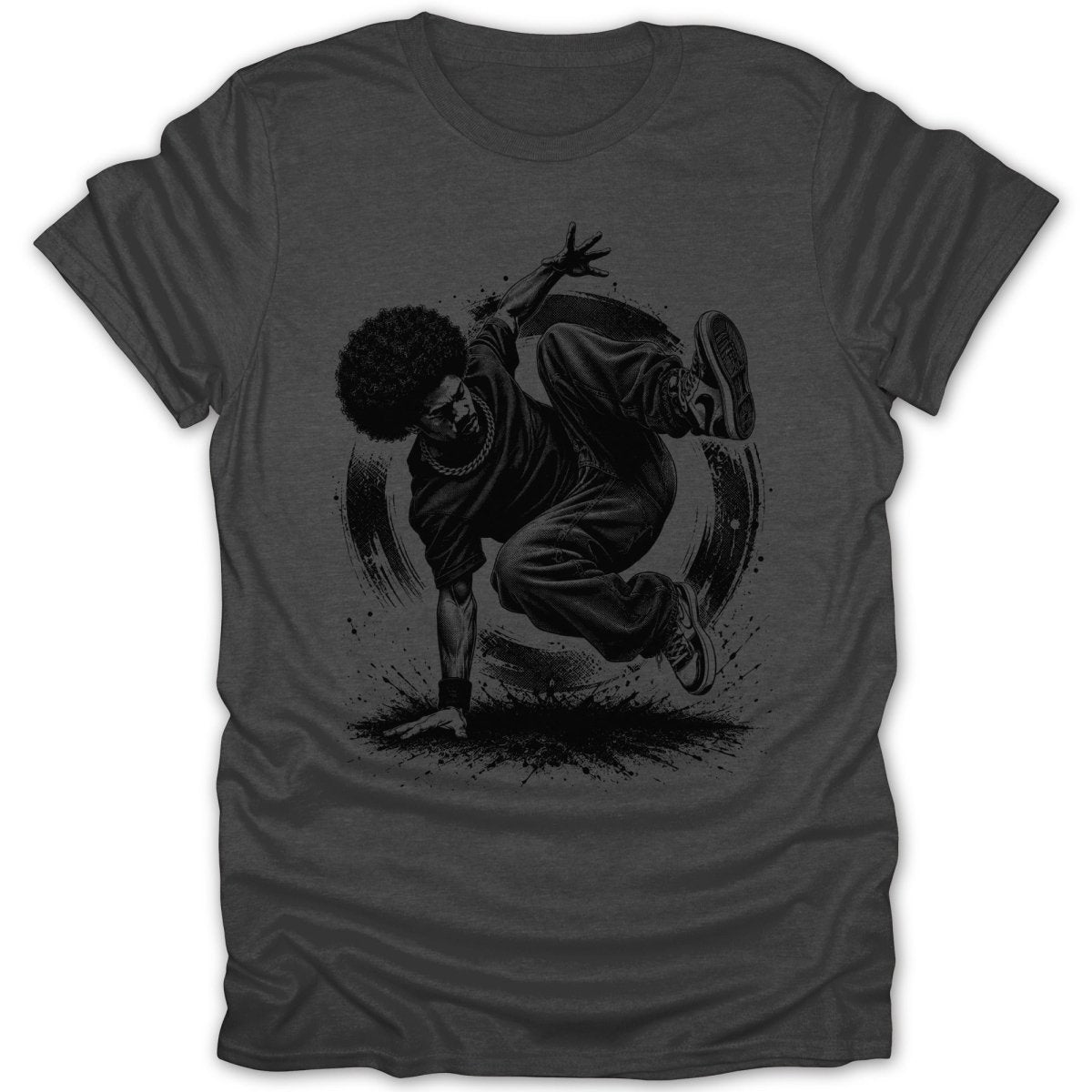 Breakdancer with afro in dynamic pose on a dark t-shirt with artistic background.