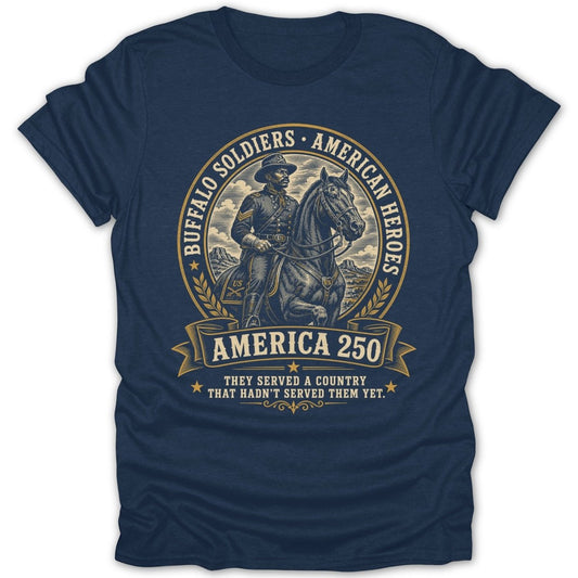 Navy t-shirt with Buffalo Soldiers American Heroes design featuring a soldier on horseback.