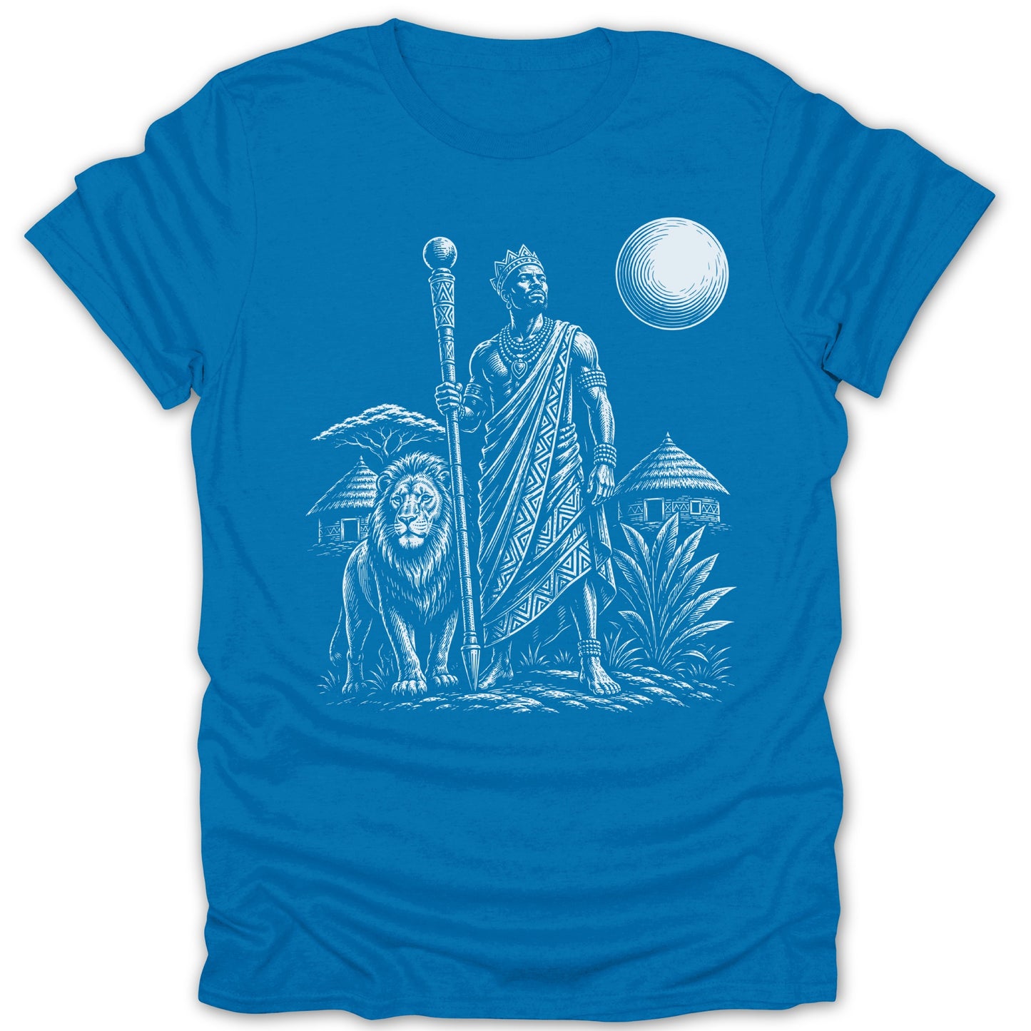 King with staff and lion, huts, and sun illustration on a blue t-shirt.