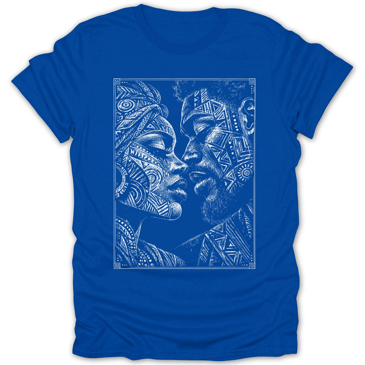 Blue t-shirt with white line art of a couple with tribal facial patterns.