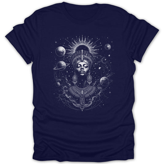 T-shirt with a white graphic of a queen with Egyptian headdress and solar system.