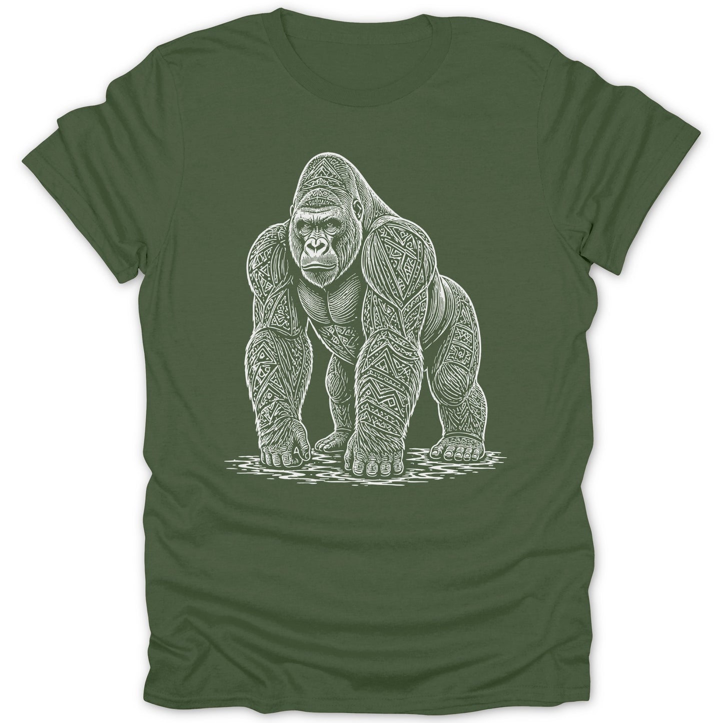 White line art of a stylized gorilla on a green t-shirt.