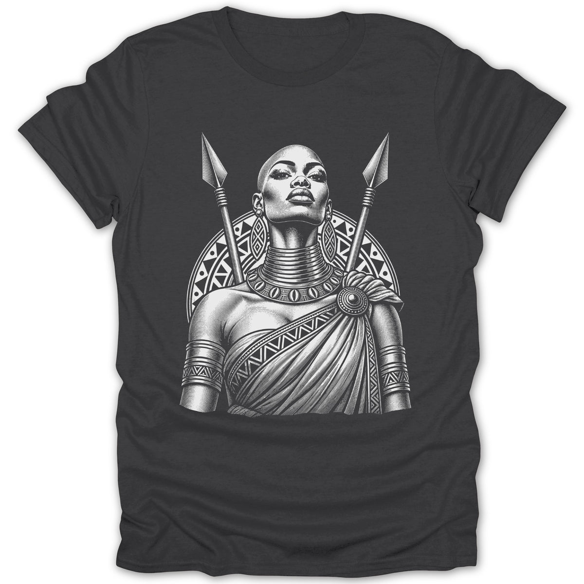Black and white graphic of a warrior woman with spears, wearing traditional adornments.