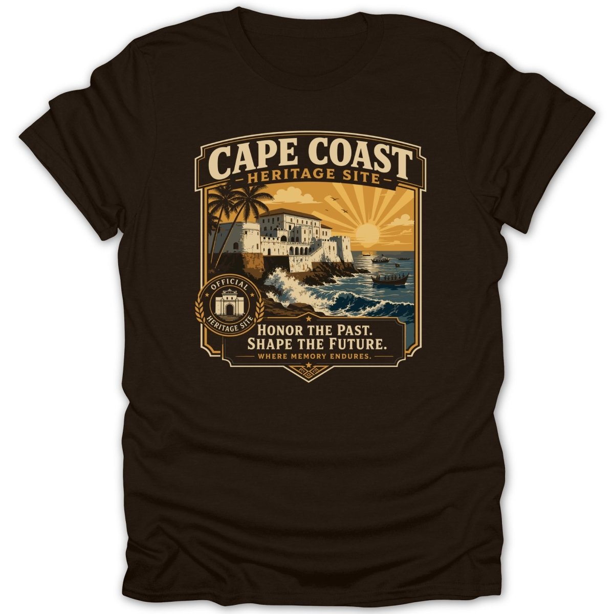 Cape Coast Heritage Site design with castle, palm trees, boats, and text.