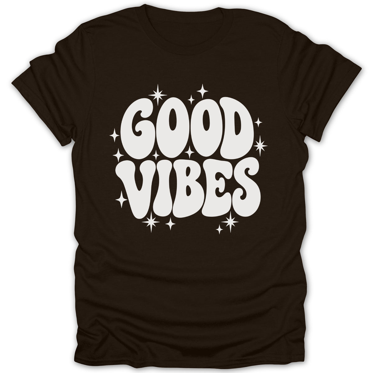 Brown t-shirt with white "Good Vibes" text and star accents.