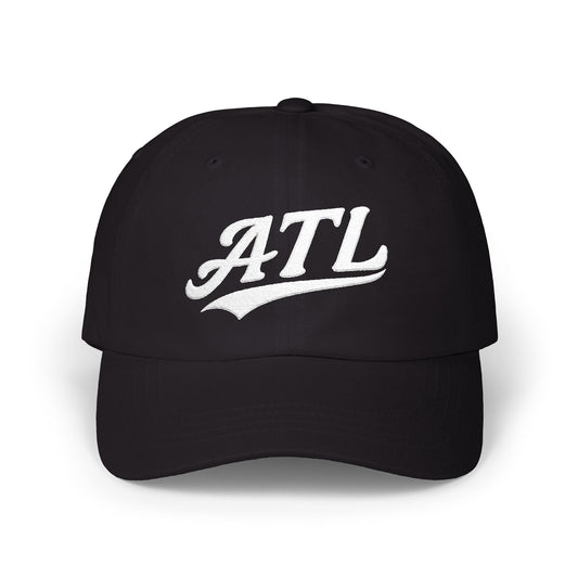 Black baseball cap with white "ATL" embroidery.