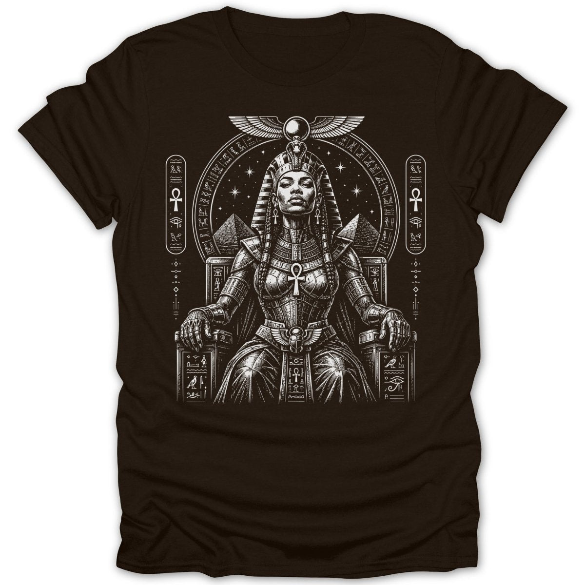 Queen Nefertiti sits on a throne, adorned in Egyptian regalia.