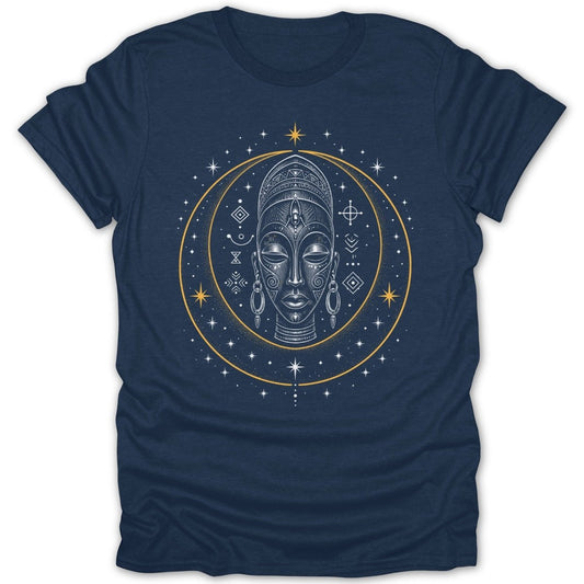 Dark blue t-shirt with a graphic of a stylized face and celestial elements.