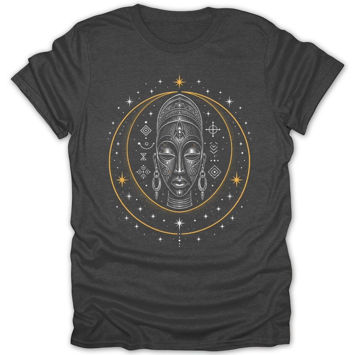 T-shirt with tribal mask and cosmic design elements.