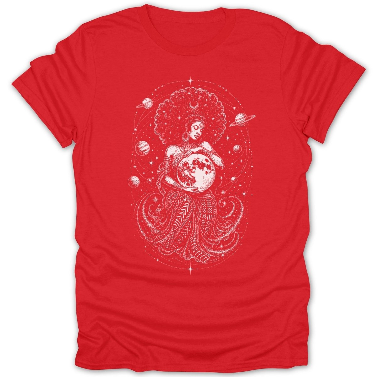 Red t-shirt with white graphic of a woman holding the moon, surrounded by planets and stars.
