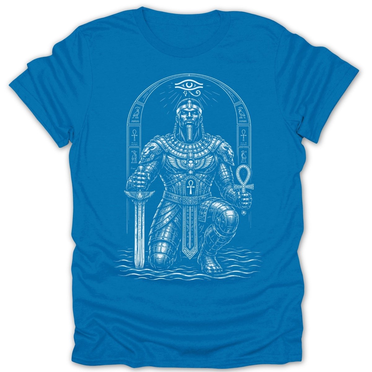 Egyptian warrior kneeling with sword and ankh, framed by hieroglyphs and Eye of Horus.