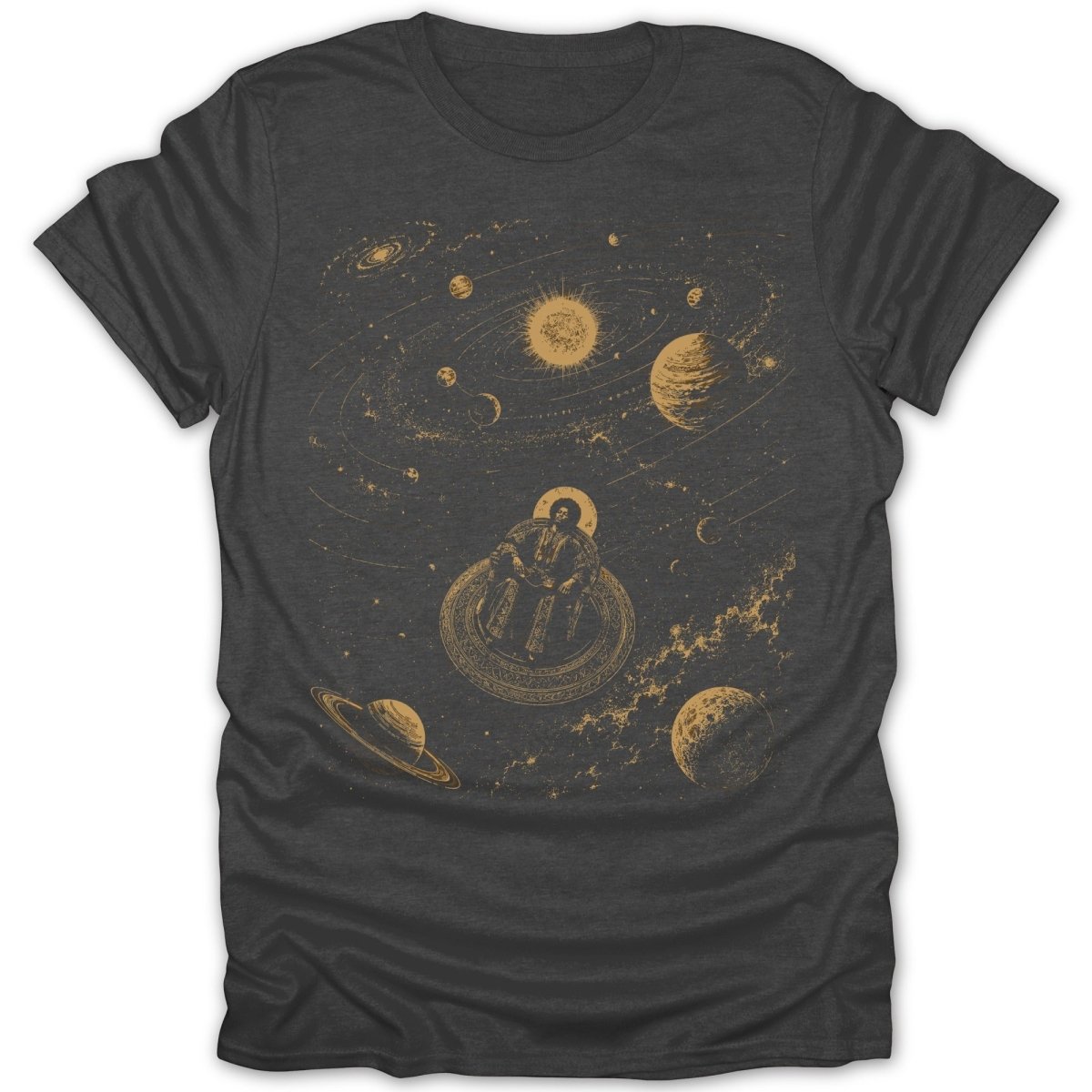 A figure sits on a circular ornate platform surrounded by planets and galaxies.