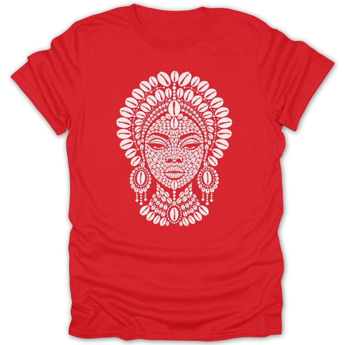 Red t-shirt with a white tribal face design made of shells.